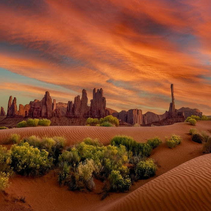 Desert landscape with rock formations and a vibrant sunset sky.